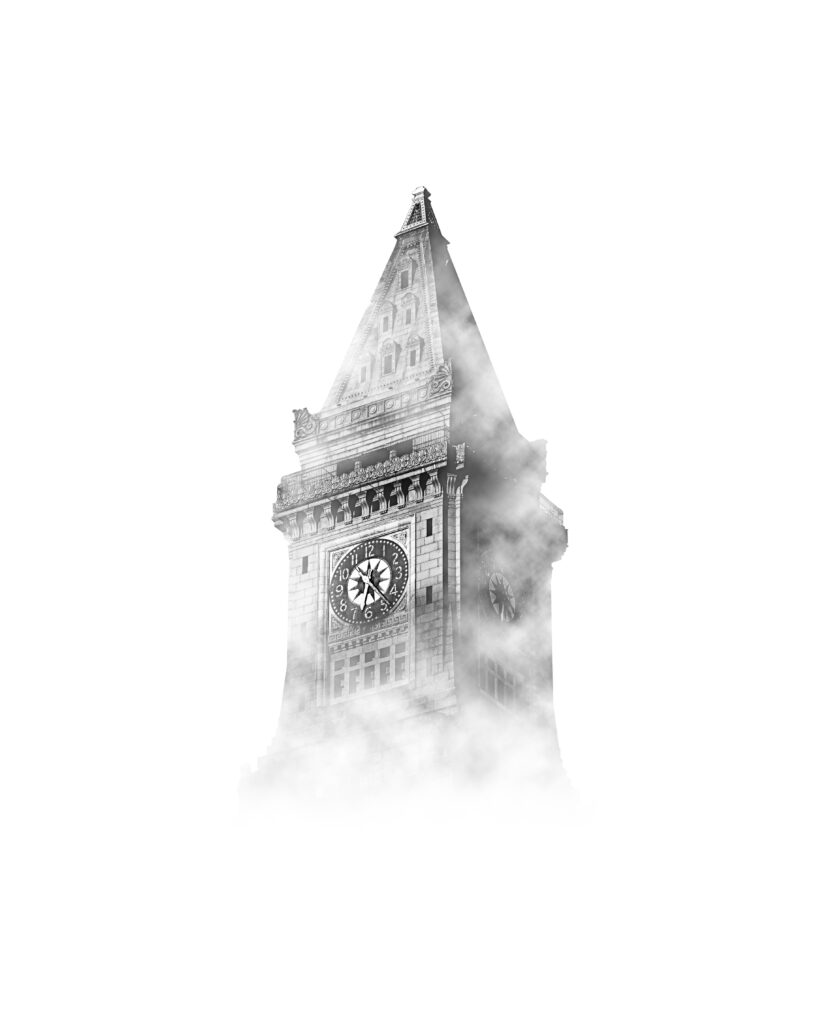 Big Ben in the sky with clouds in black and white